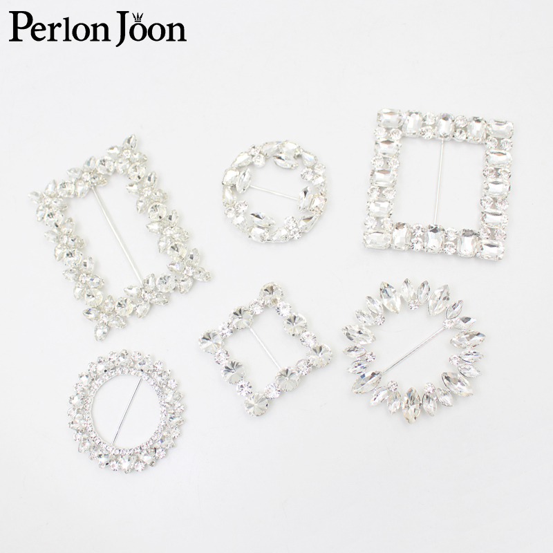 Perlon Strap Woven - 2ชิ้น/ล็อต DIY เข็มขัดกระเป๋ารองเท้าหัวเข็มขัดโลหะหลายรูปทรงสีเงินสีขาวคริสตัล rhinestone หัวเข็มขัด ktsilver