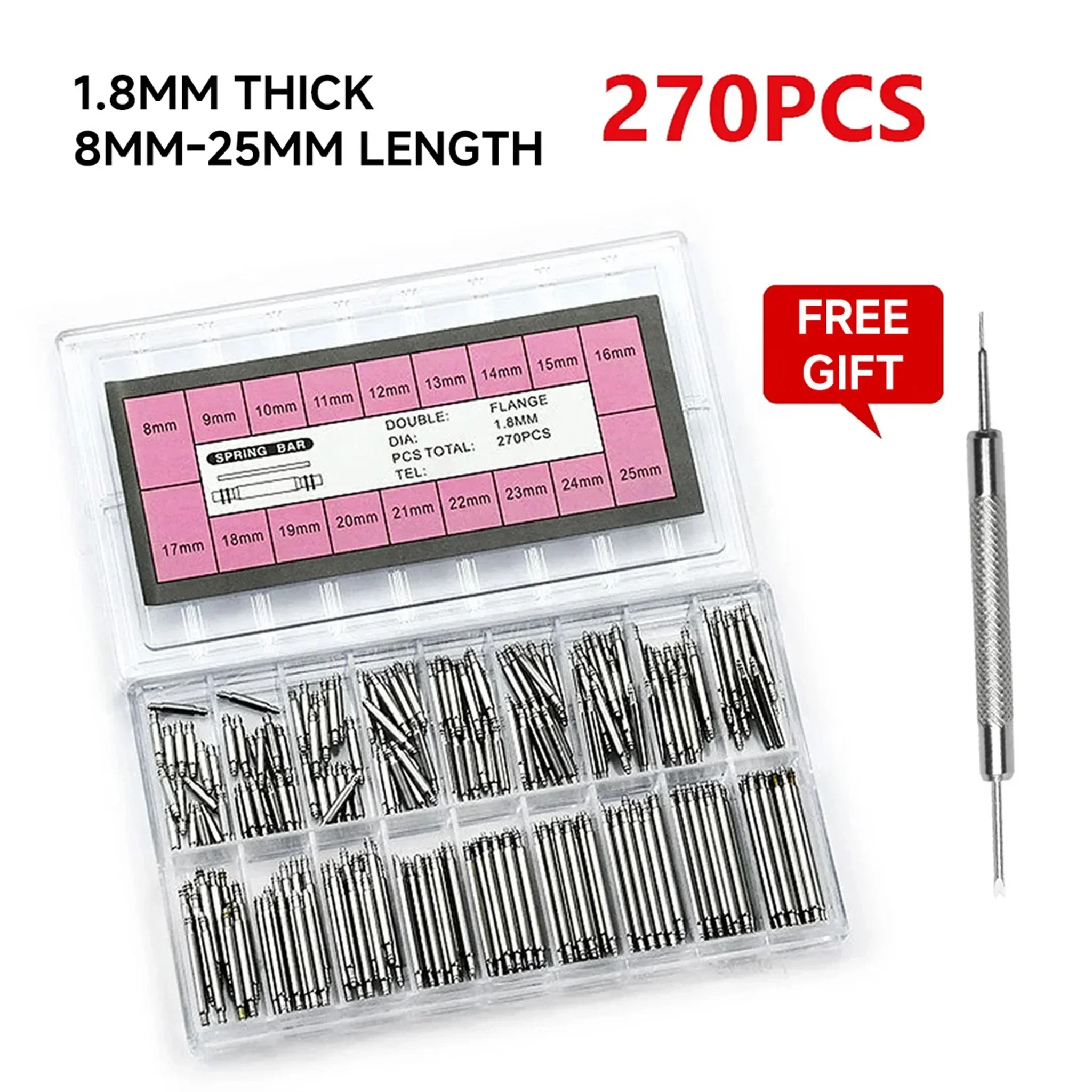 Spring Bar Tool Set - 270 ชิ้น/เซ็ตสแตนเลสสตีลสปริงบาร์ Dia 1.5 มม./1.8 มม.length8mm