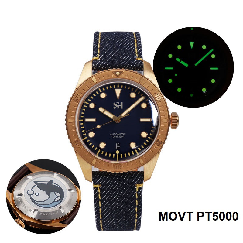 Canvas Strap Watch - นาฬิกาผู้ชายสีบรอนซ์42มม. นาฬิกาข้อมือกลไกไขลานเคส CuSn8เคลื่อนไหว PT5000นกนางนวลสายผ้าเดนิมเรืองแสงแซฟไฟร์