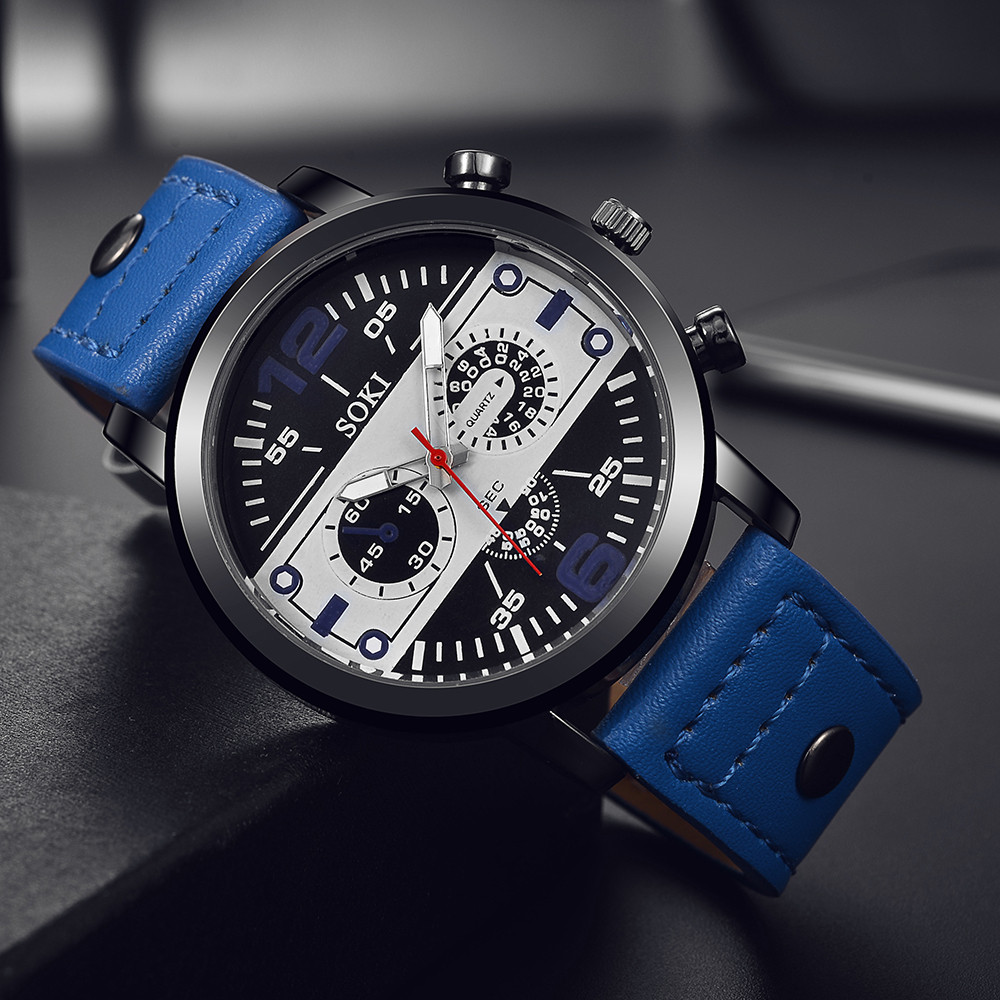 Leather Watch Band Men - นาฬิกาข้อมือผู้ชายดีไซน์ทันสมัย สายหนังสีน้ำตาล นาฬิกาควอทซ์ โมเดิร์น สีดำ ขาว
