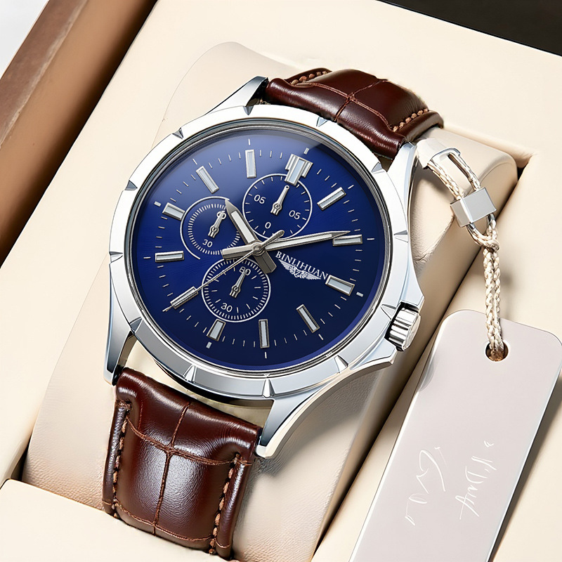 Leather Watch Band Men - นาฬิกาควอทซ์โครโนกราฟสำหรับผู้ชาย หน้าปัดสีน้ำเงิน สายหนังสีน้ำตาล นาฬิกาข้อมือธุรกิจกันน้ำสำหรับผู้ชาย