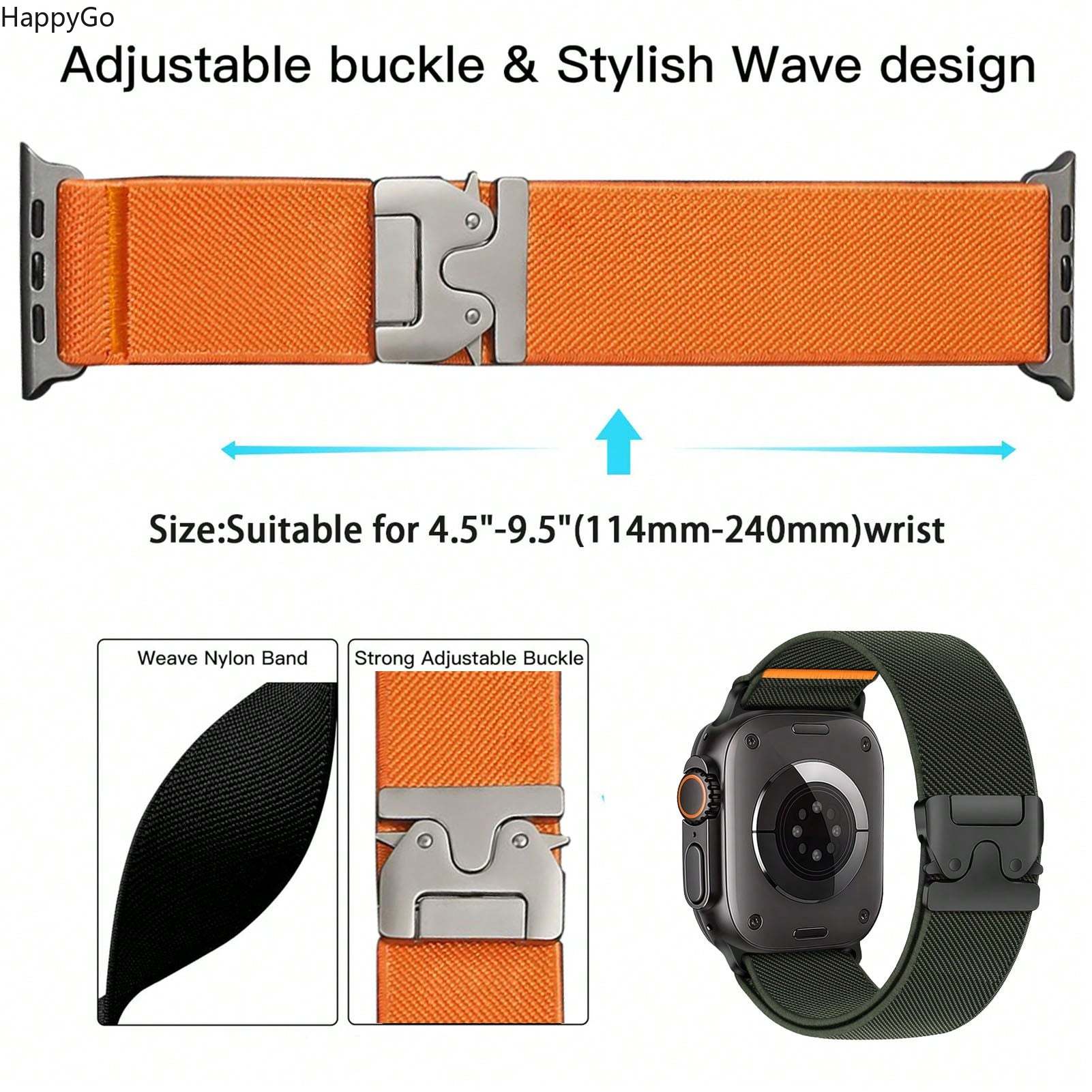 Parachute Strap Elastic - สายรัดข้อมือไนลอนยืดหยุ่นแบบกว้างพร้อมหัวเข็มขัดแบบร่มชูชีพ, สายนาฬิกาสปอร์ตแบบยืดหยุ่นสำหรับผู้ชายและผู้หญิง, ใช้ได้กับ Apple Watch Ultra