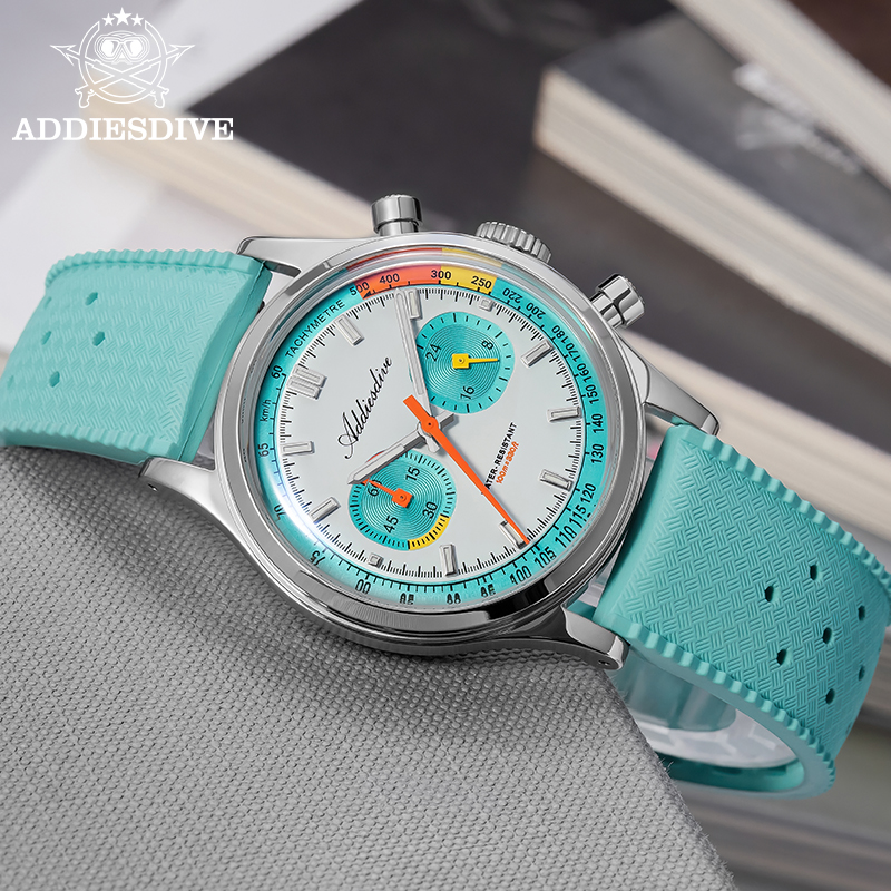 Rubber Strap Diver - ADDIESDIVE ใหม่มัลติฟังก์ชั่นนาฬิกาโครโนกราฟกระจกโดมฟลูออรีนสายยางเรโทรควอตซ์นาฬิกาสำหรับชาย AD2549 กันน้ำ