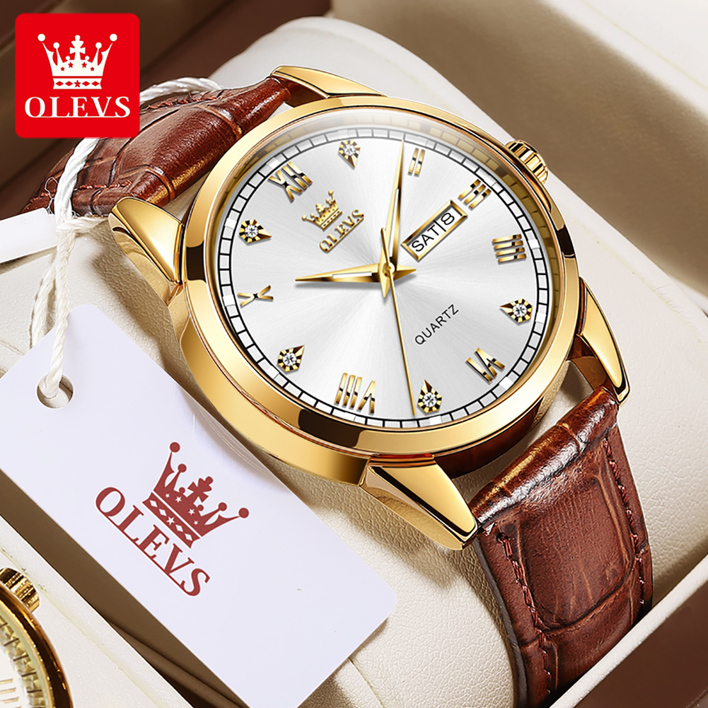 Leather Watch Band Men - OLEVS 6896 แบรนด์ชั้นนำผู้ชายนาฬิกาควอทซ์สายหนังเรืองแสงกันน้ำวันที่สัปดาห์แฟชั่นลำลองนาฬิกาข้อมือสำหรับผู้ชาย