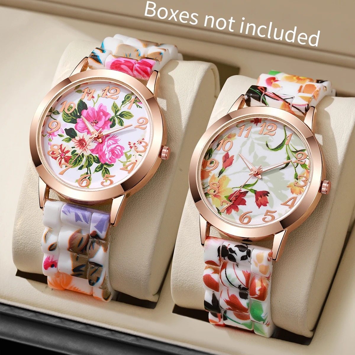 Silicone Band Women - 2 ชิ้นแฟชั่นดอกไม้พิมพ์ลายนาฬิกาผู้หญิงนาฬิกาซิลิโคนแบบสบายๆนาฬิกาควอทซ์นาฬิกาเรโลจ มูเยร์(ไม่มีกล่อง)