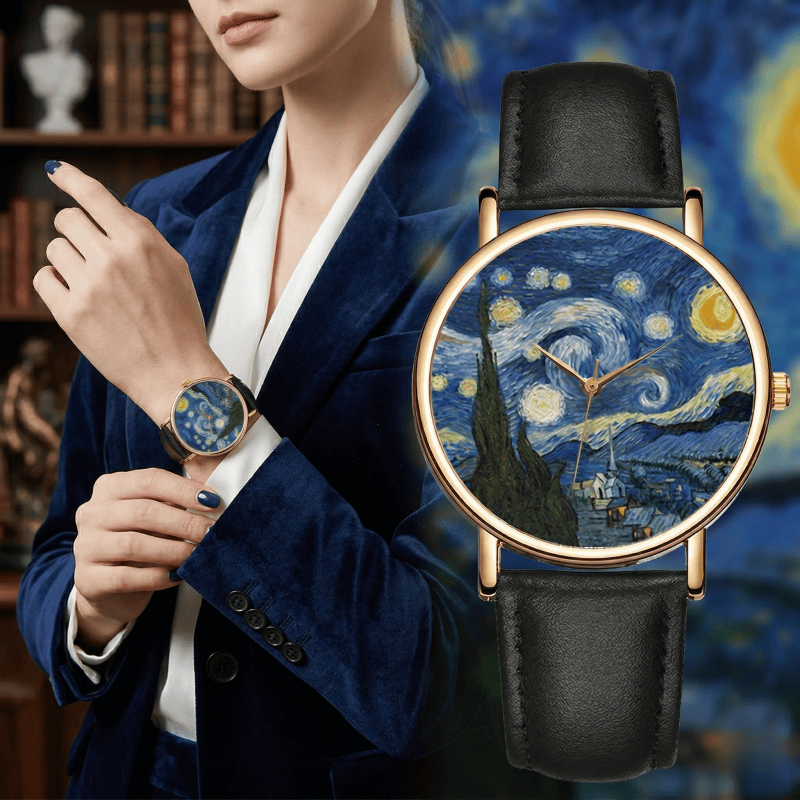 Leather Watch Band Men - นาฬิกาข้อมือลายภาพวาดแวนโก๊ะสำหรับผู้หญิงผู้ชาย ตัวเรือนโลหะ สายหนัง นาฬิกาควอตซ์ ผลงานศิลปะ The