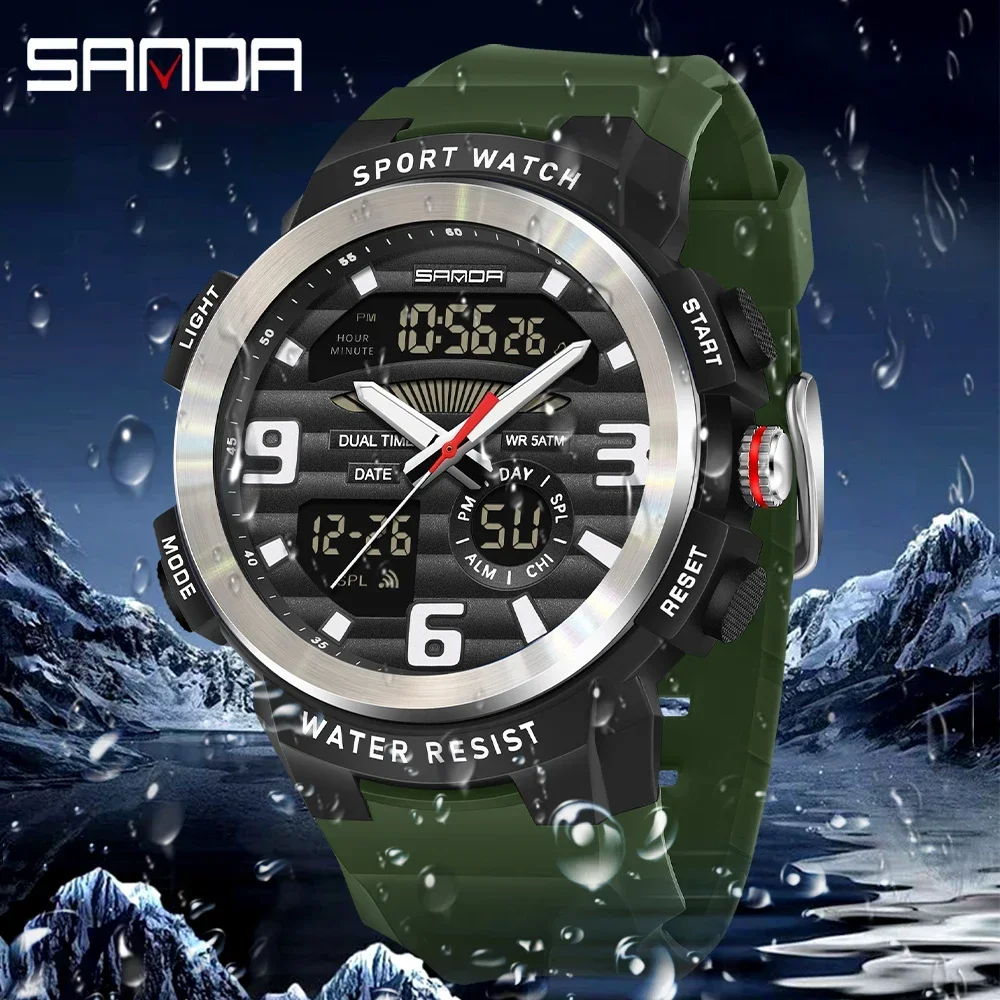 Rubber Strap Diver - นาฬิกาข้อมือผู้ชาย SANDA แบบมัลติฟังก์ชัน หน้าปัดคู่ กันน้ำ นาฬิกาดิจิตอลสำหรับกีฬา