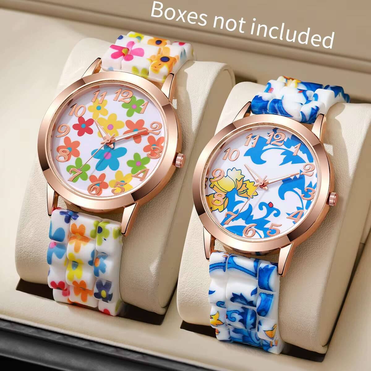 2 ชิ้นแฟชั่นดอกไม้พิมพ์ลายนาฬิ - Silicone Band Women บทวิจารณ์และราคา