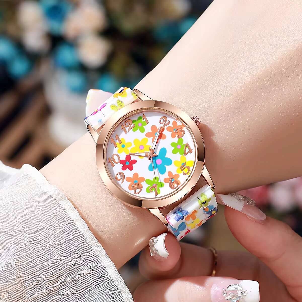 2 ชิ้นแฟชั่นดอกไม้พิมพ์ลายนาฬิ - Silicone Band Women บทวิจารณ์และราคา